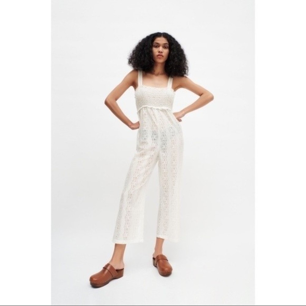 NWT Zara Lace Eyelet Smocked Sleeveless Jumpsuit in White